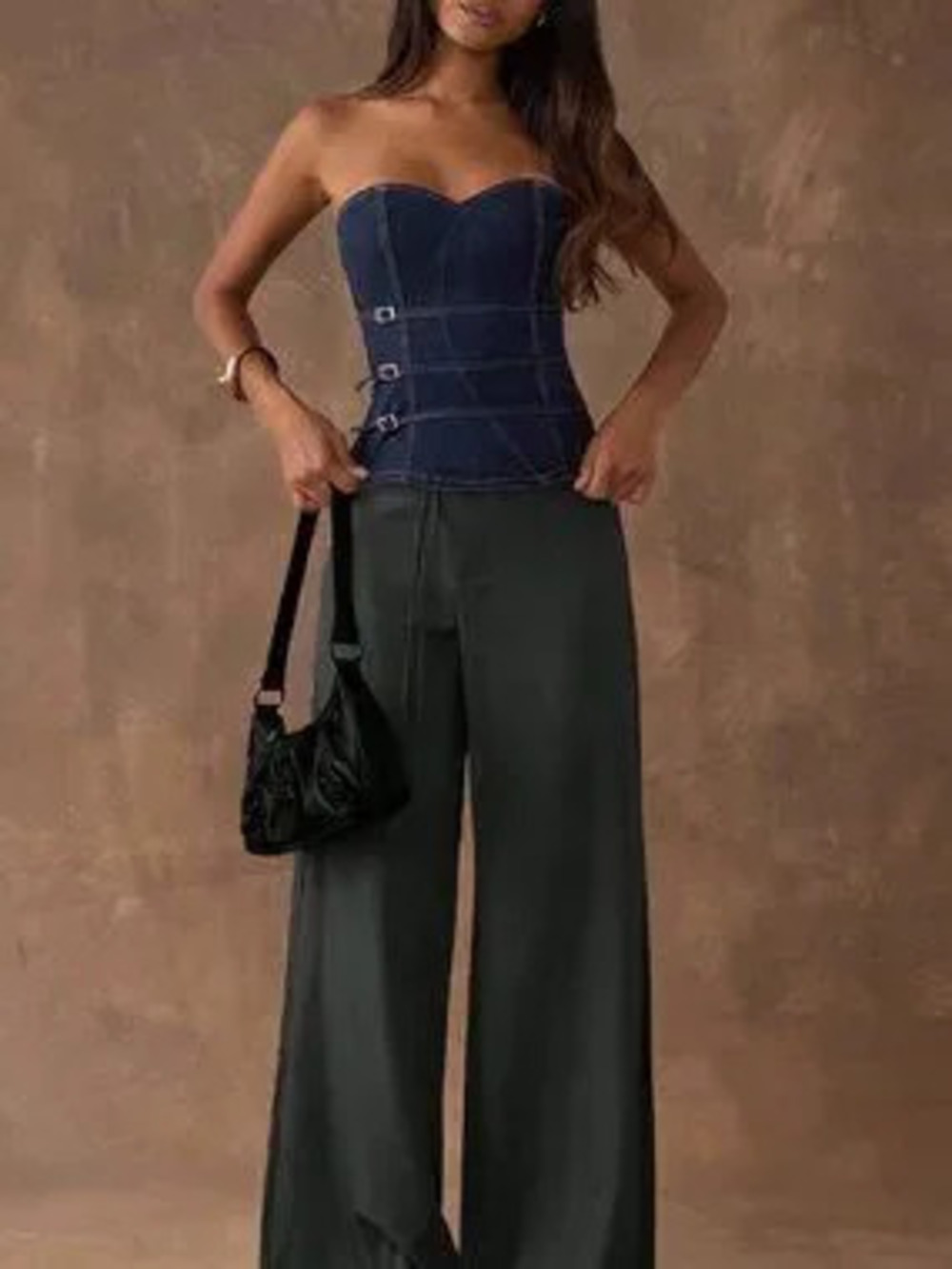 Dark Wash Casual Women's Buckle Design Fitted Denim Tube Top